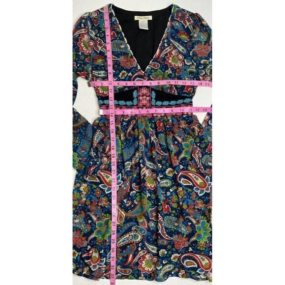 Flying‎ Tomato Blue Paisley Print Embroidered V Neck Long Sleeve Dress Sz Small - Picture 9 of 9
